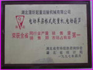 1997年全省起重機械設(shè)備銷量第一榮譽。